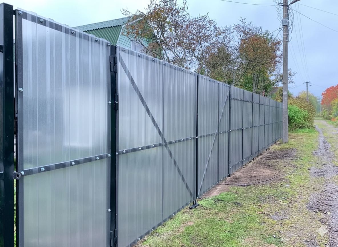 Ограждение из монолитного поликарбоната  на сваях