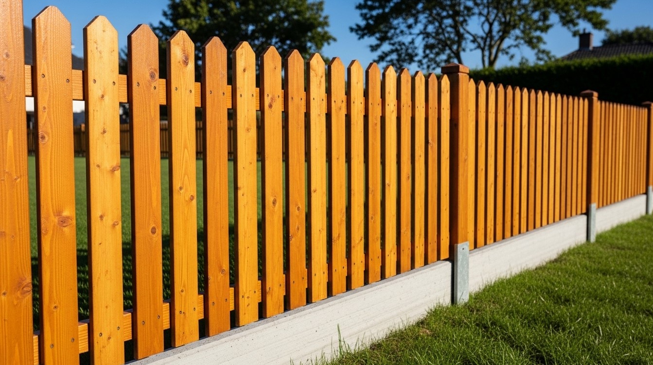 Забор на ленточном фундаменте с деревянным штакетником