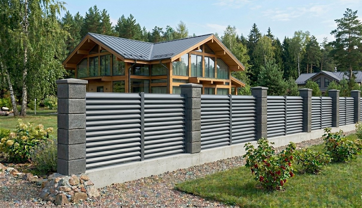 Забор из наборных блоков заполнением жалюзи