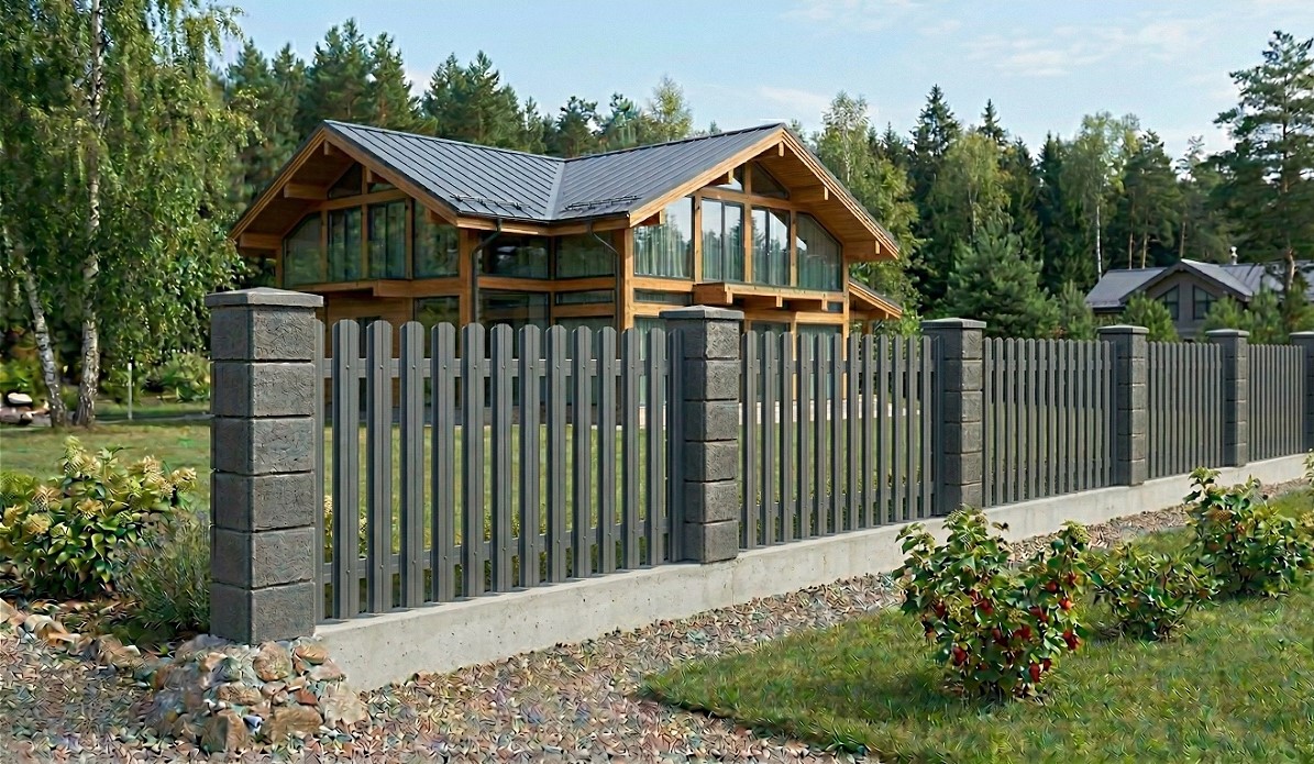 Забор из наборных блоков с металлическим штакетником