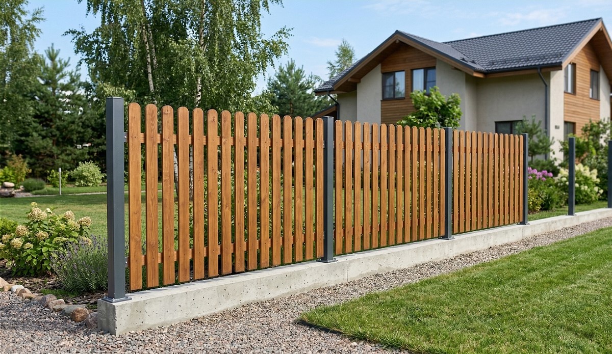 Ограждения из деревянного штакетника на бетонной ленте